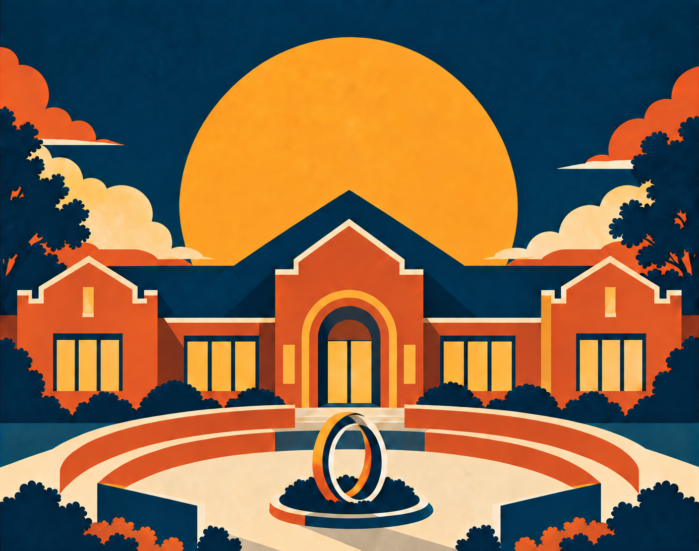 1940s poster-style illustration of Hatch Fairhope in front of a setting sun, searchlights sweeping the sky behind it
